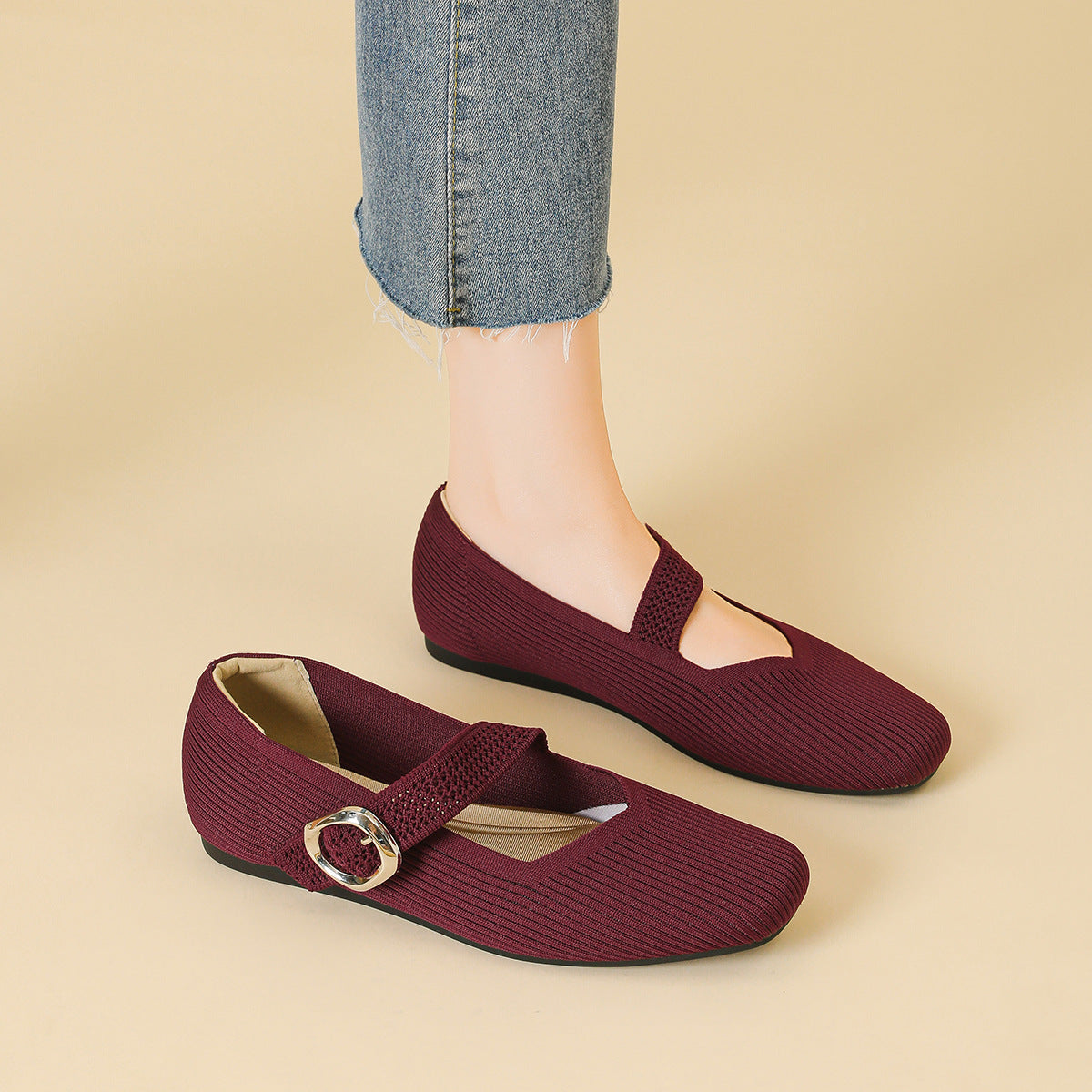 Womens Orthopedic Mary Jane Flats | Square Toe Breathable Knit Shoes