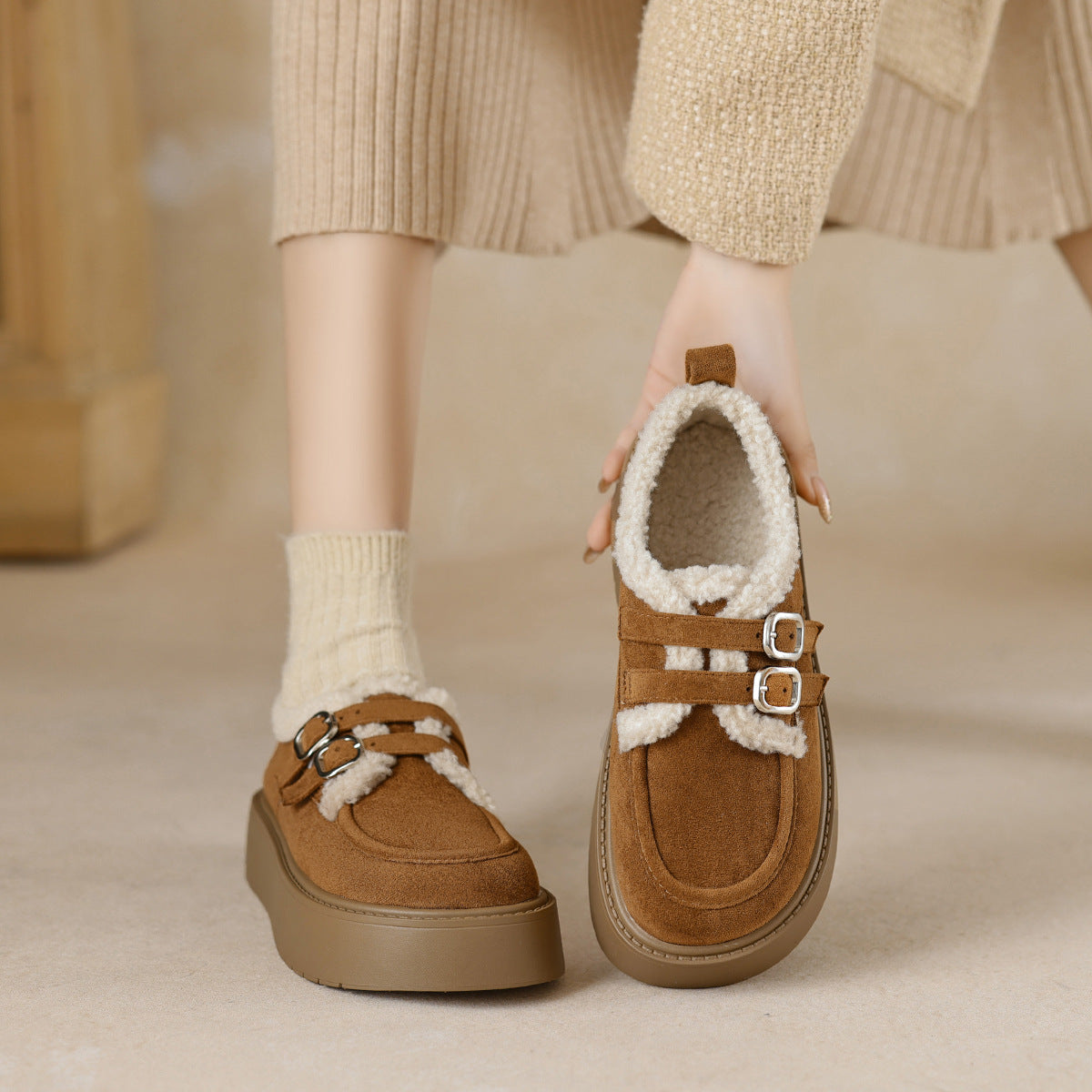 Womens Platform Loafers with Arch Support | Suede Fleece-Lined Shoes