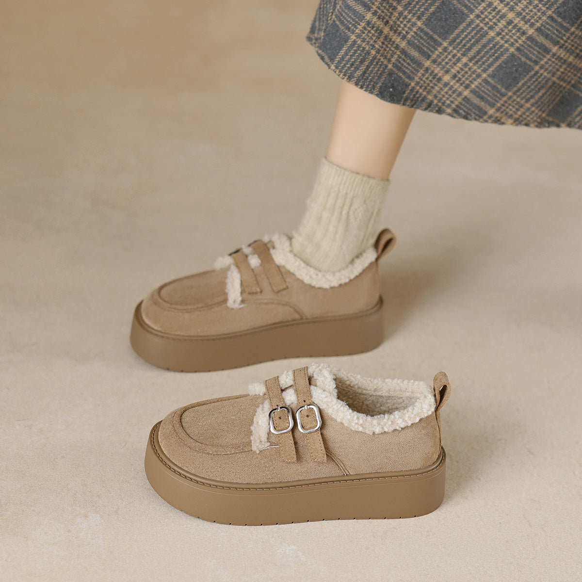 Womens Platform Loafers with Arch Support | Suede Fleece-Lined Shoes