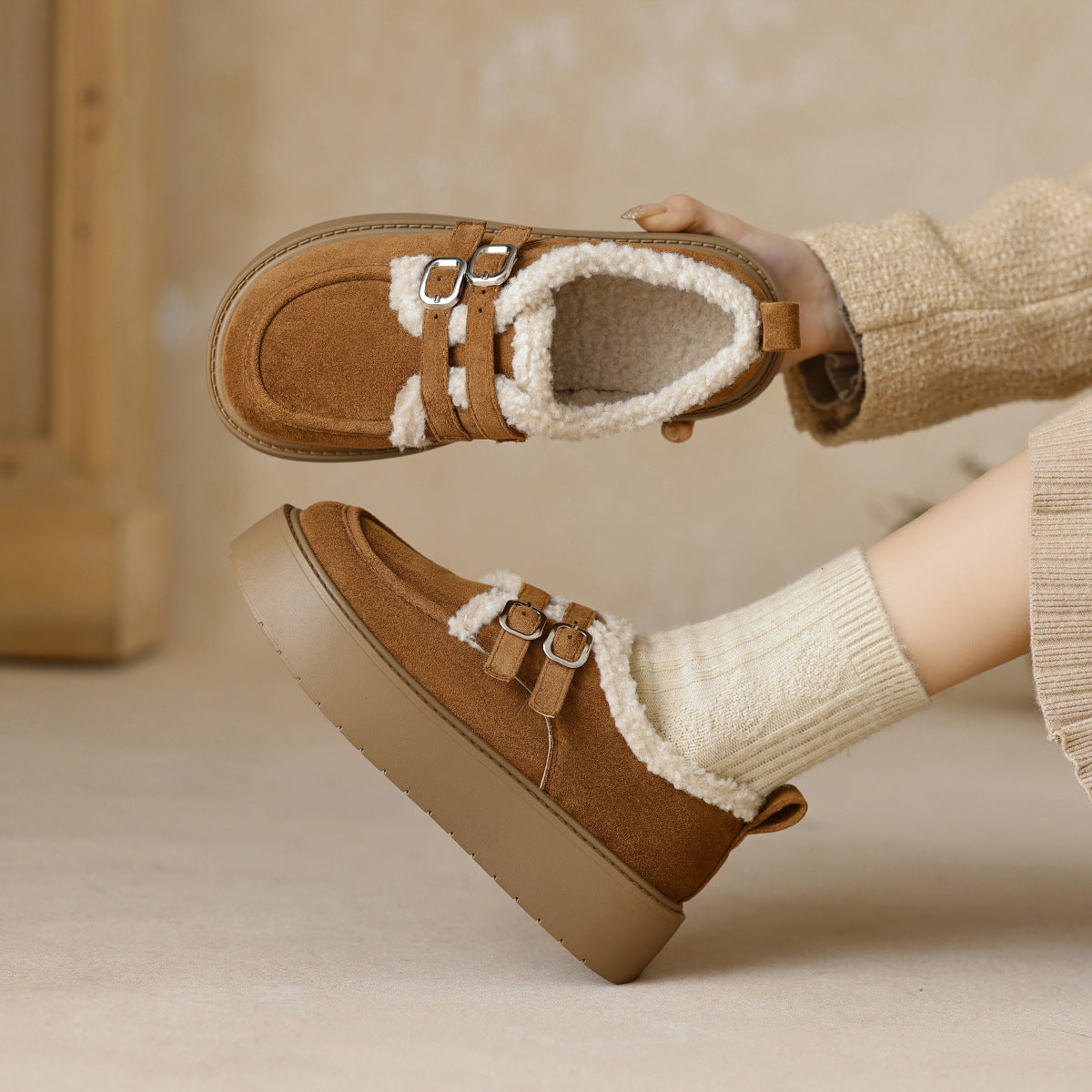 Womens Platform Loafers with Arch Support | Suede Fleece-Lined Shoes