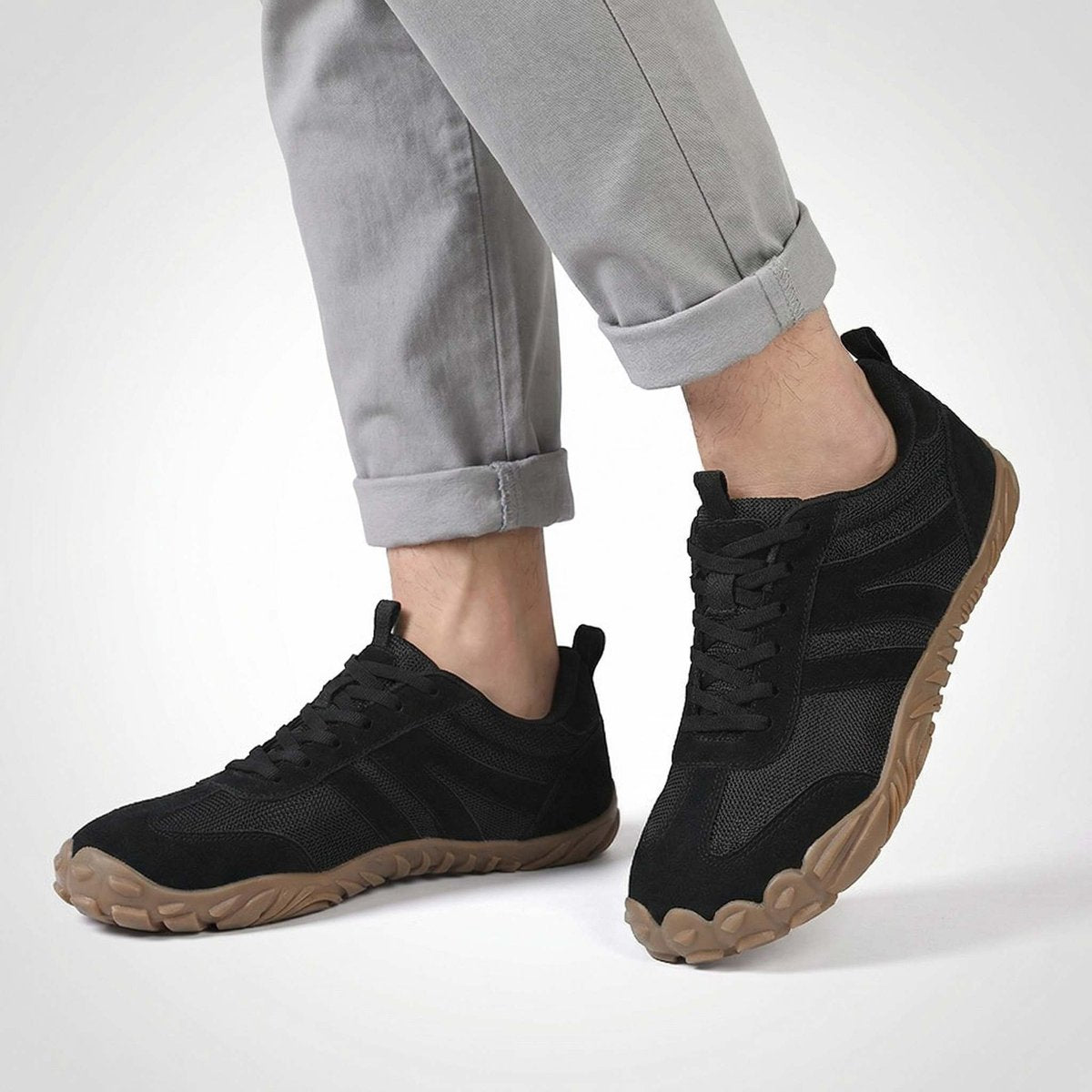 Unisex wide fit, zero drop, cushioned comfort trainers with breathable upper and non slip grip