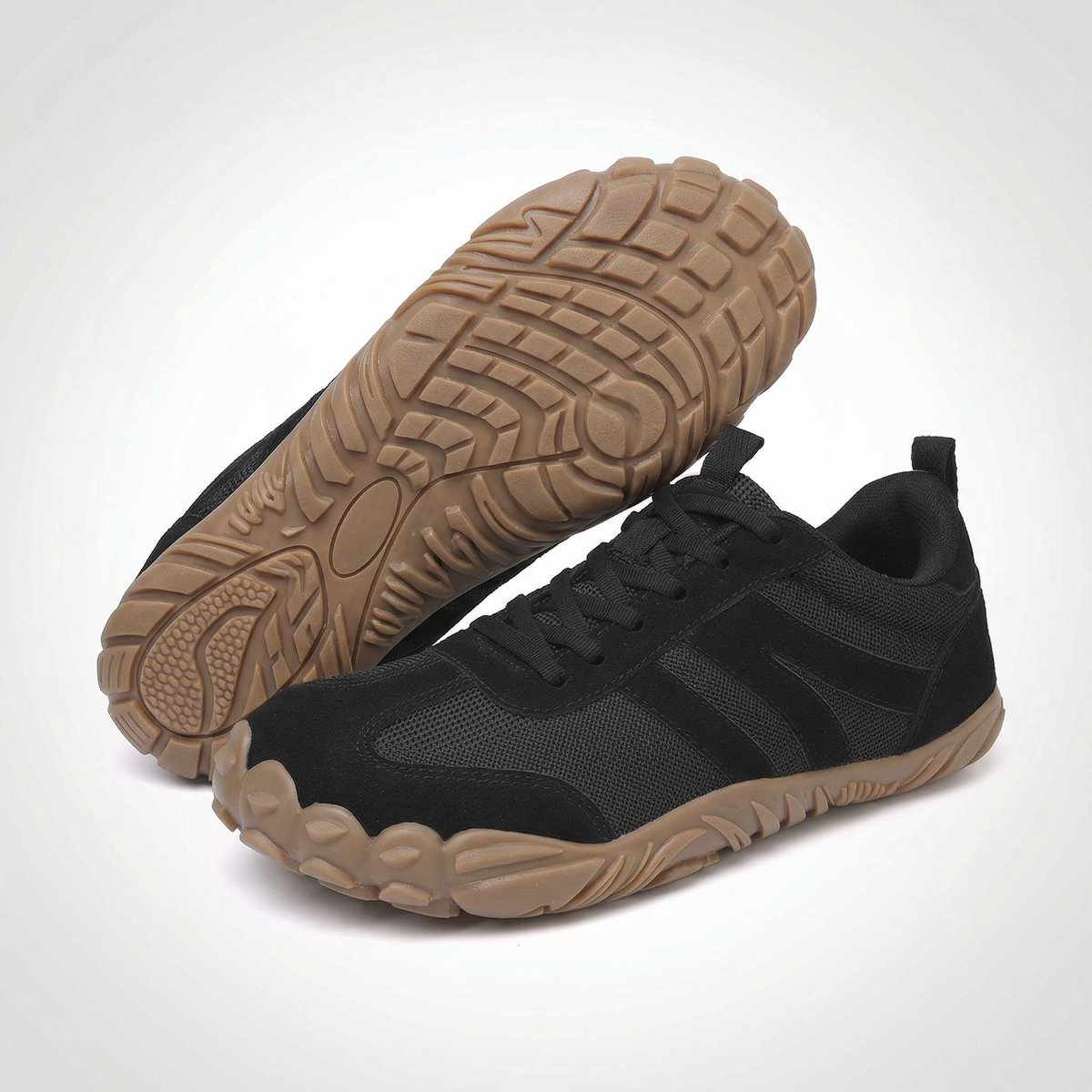 Unisex wide fit, zero drop, cushioned comfort trainers with breathable upper and non slip grip