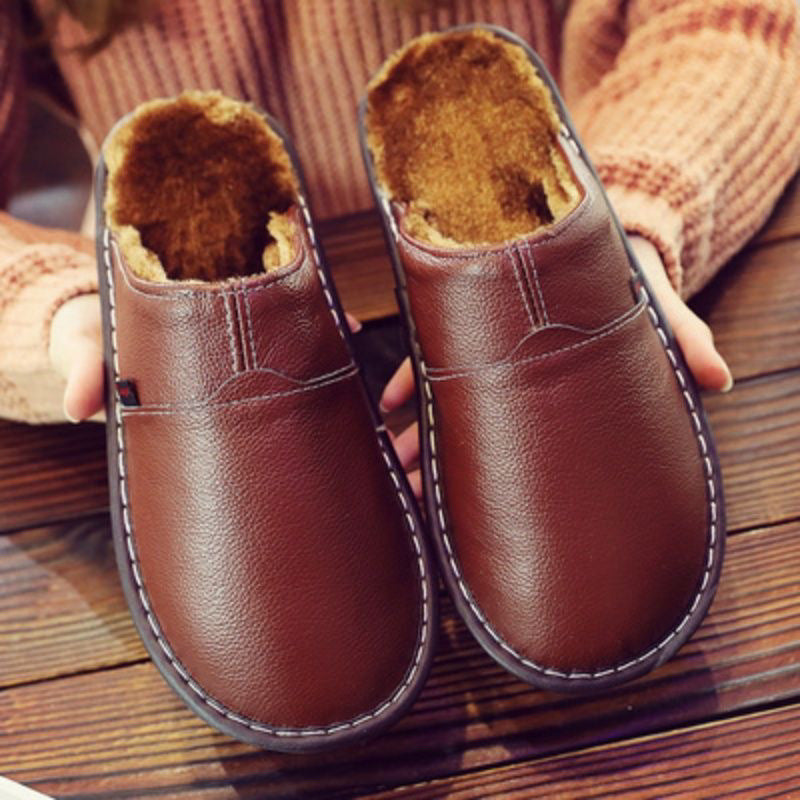 Waterproof Leather Wide Fit Slippers – Cozy, Supportive & Warm