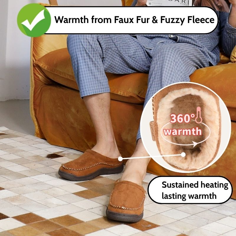Person wearing brown slippers with text highlighting warmth from faux fur and fuzzy fleece.