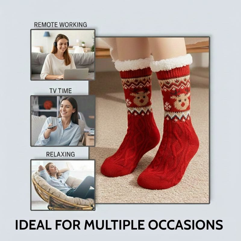 Women’s Christmas Fuzzy Slipper Socks with Warm Fleece & Grippers