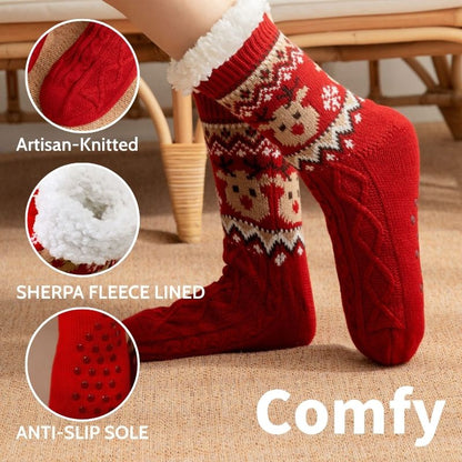 Women’s Christmas Fuzzy Slipper Socks with Warm Fleece & Grippers