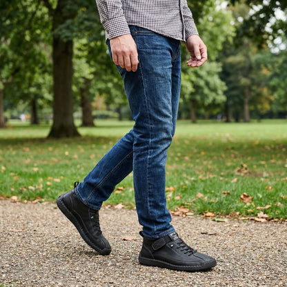 Men's extra wide fit, cushioned comfort, leather look ankle boots