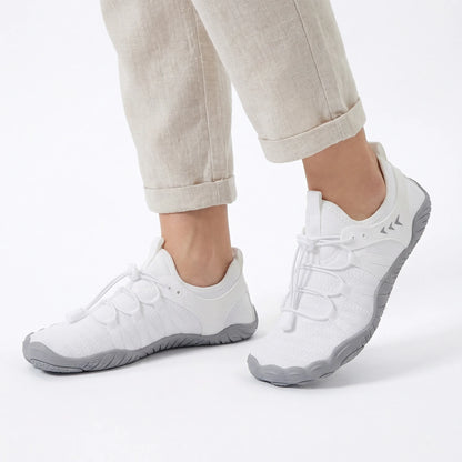 Unisex wide fit, zero drop, cushioned comfort walking shoes with slip on design and everyday walking