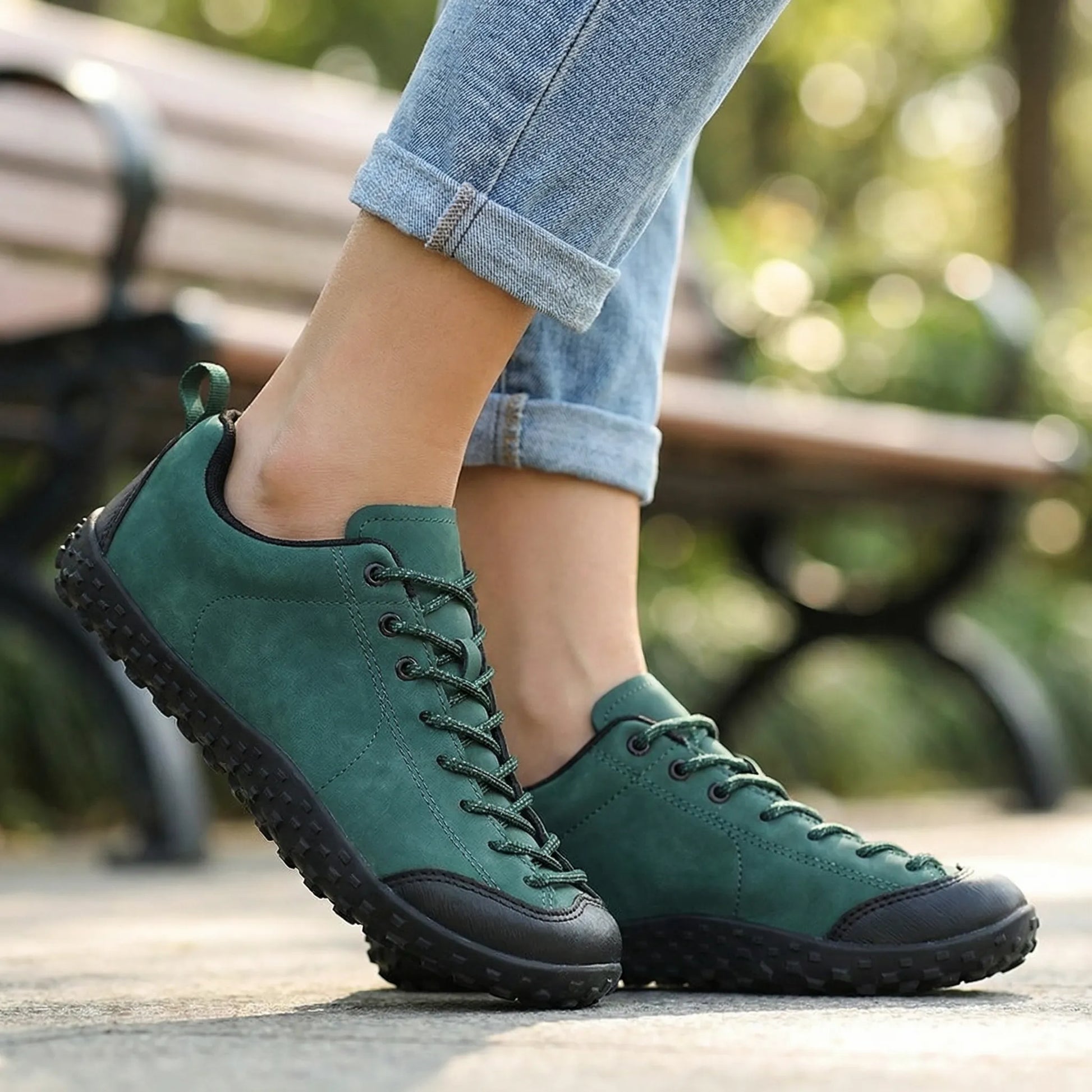 Unisex wide fit, barefoot feel, cushioned comfort trainers with suede upper and everyday walking