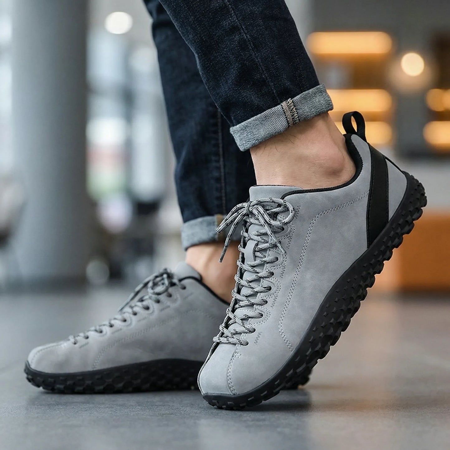 Unisex wide fit, barefoot feel, cushioned comfort trainers with suede upper and everyday walking
