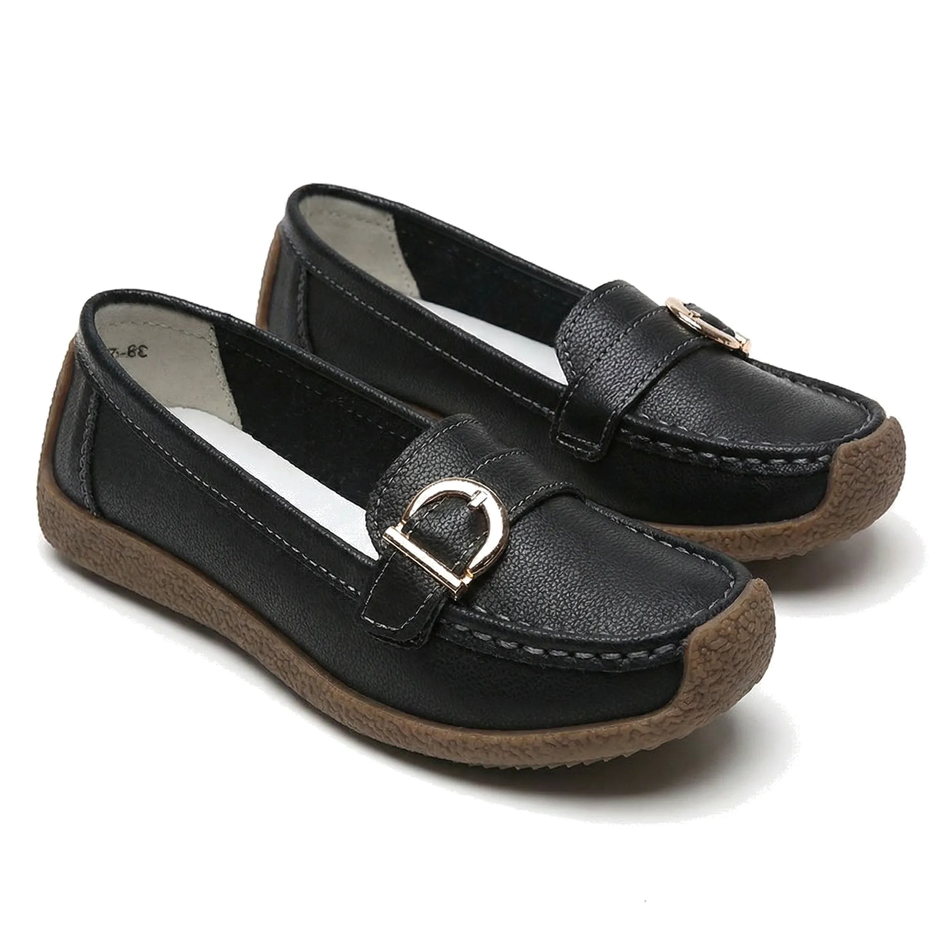 Women's wide fit, non slip grip, slip on design loafers with leather look