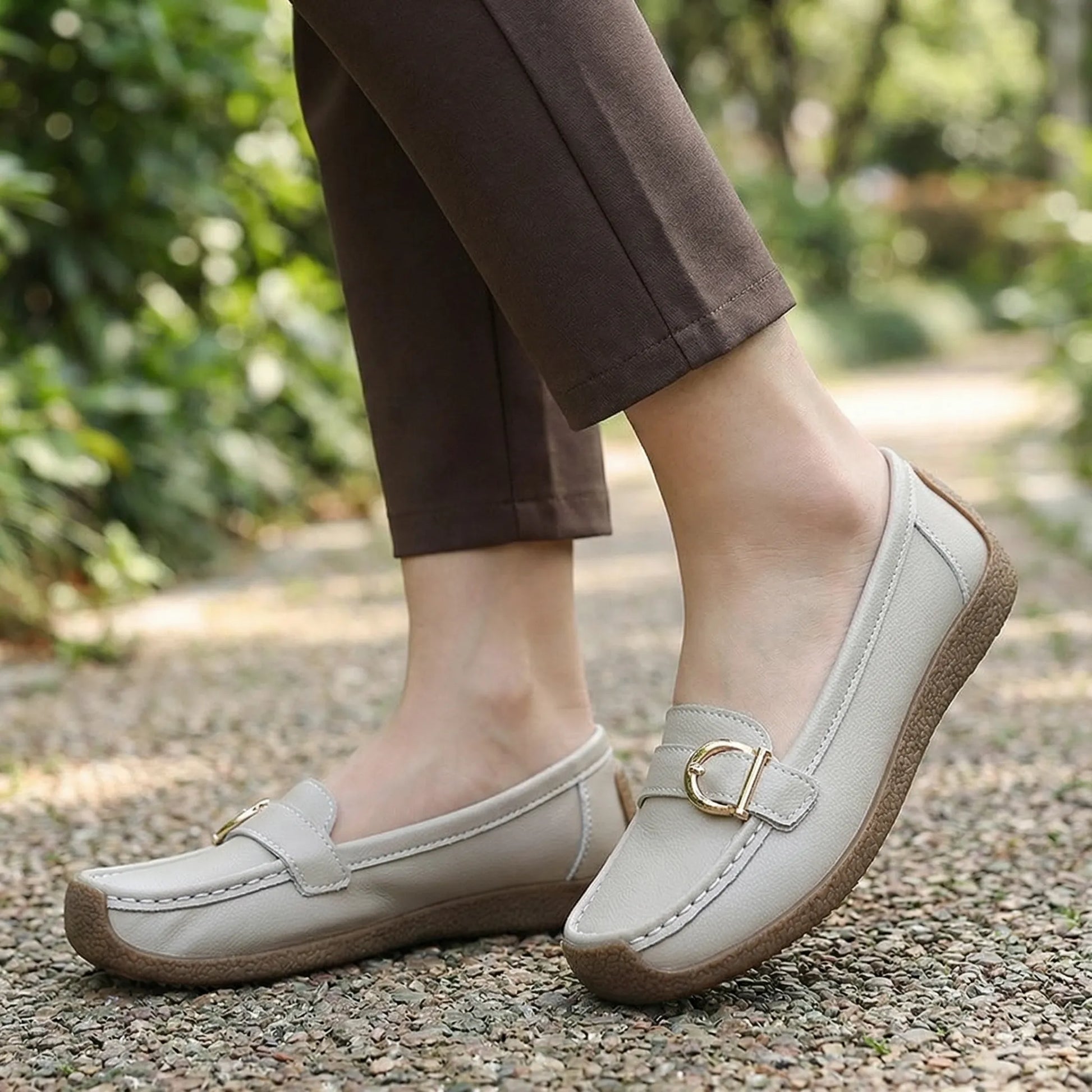 Women's wide fit, non slip grip, slip on design loafers with leather look