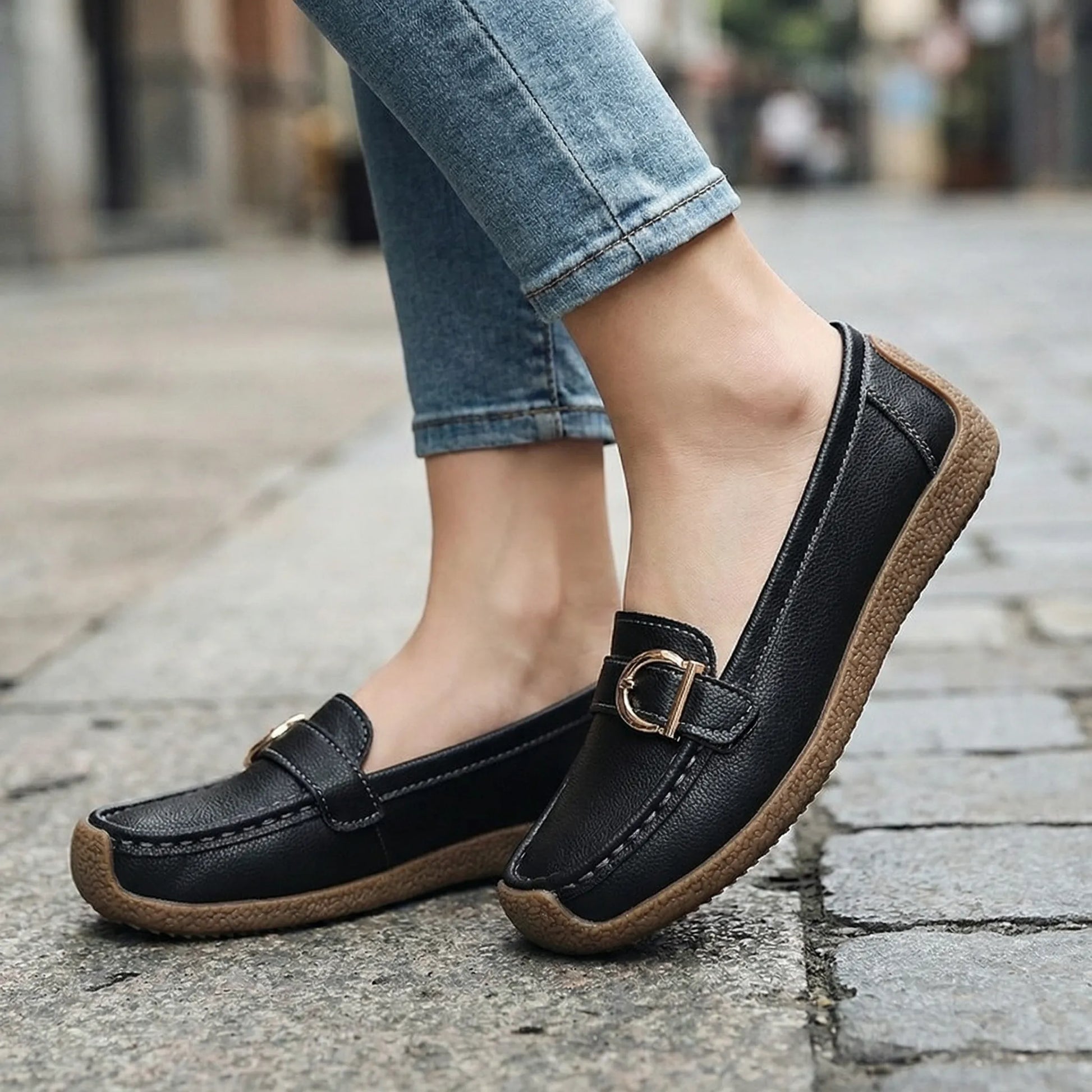Women's wide fit, non slip grip, slip on design loafers with leather look