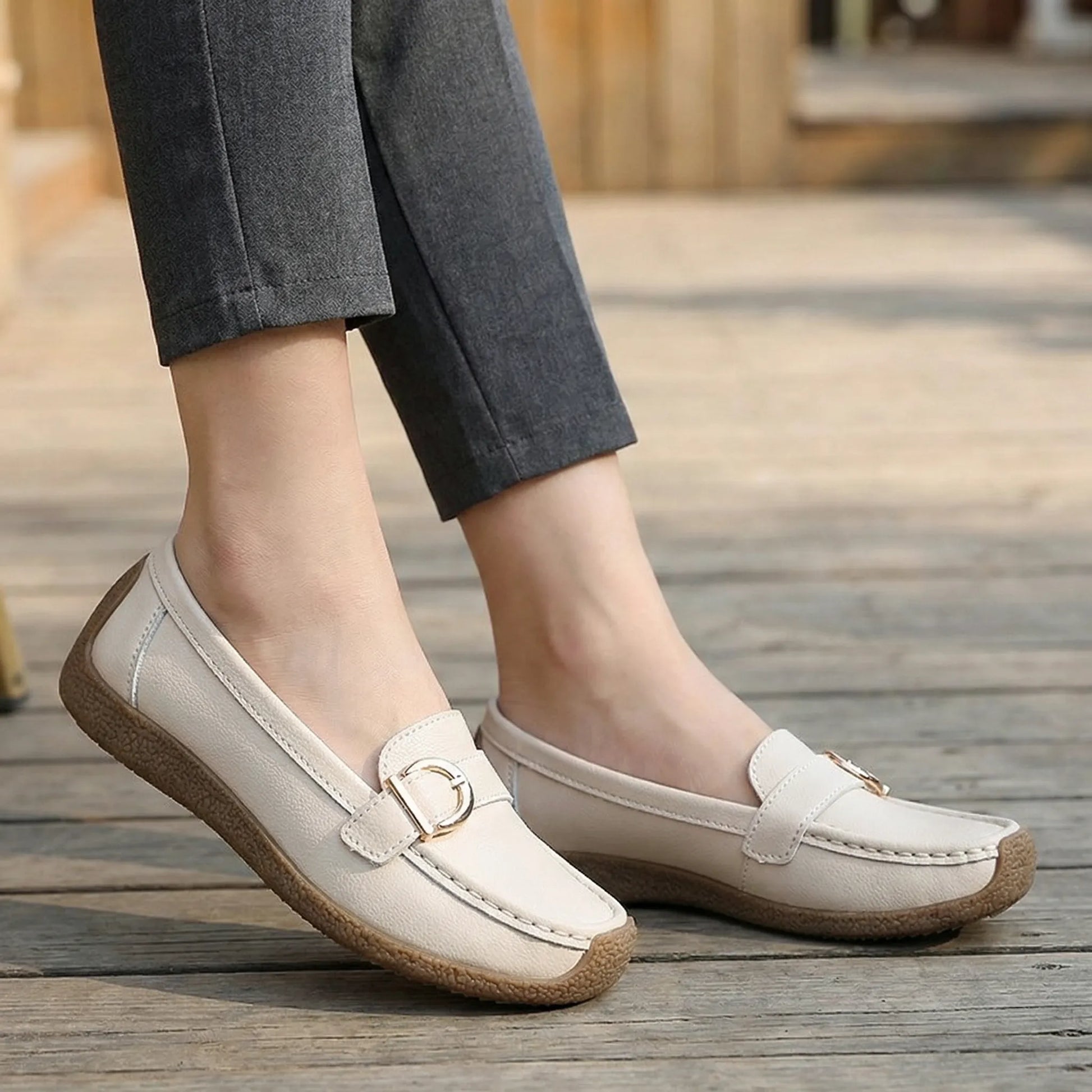 Women's wide fit, non slip grip, slip on design loafers with leather look