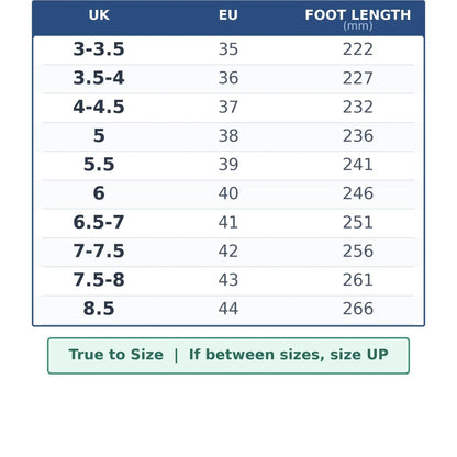Women wide fit slip-on loafers UK and EU size guide with foot length measurements