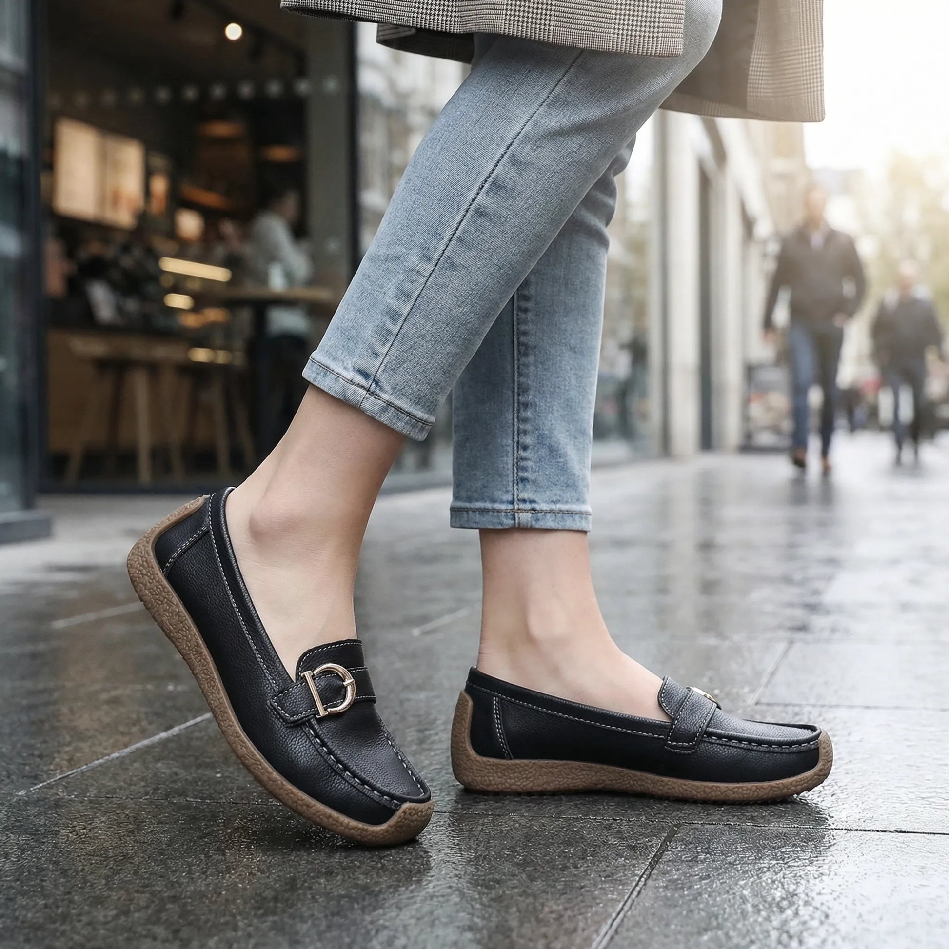 Women's wide fit, non slip grip, slip on design loafers with leather look