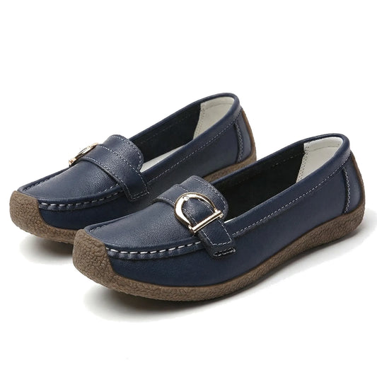 Women's wide fit, non slip grip, slip on design loafers with leather look