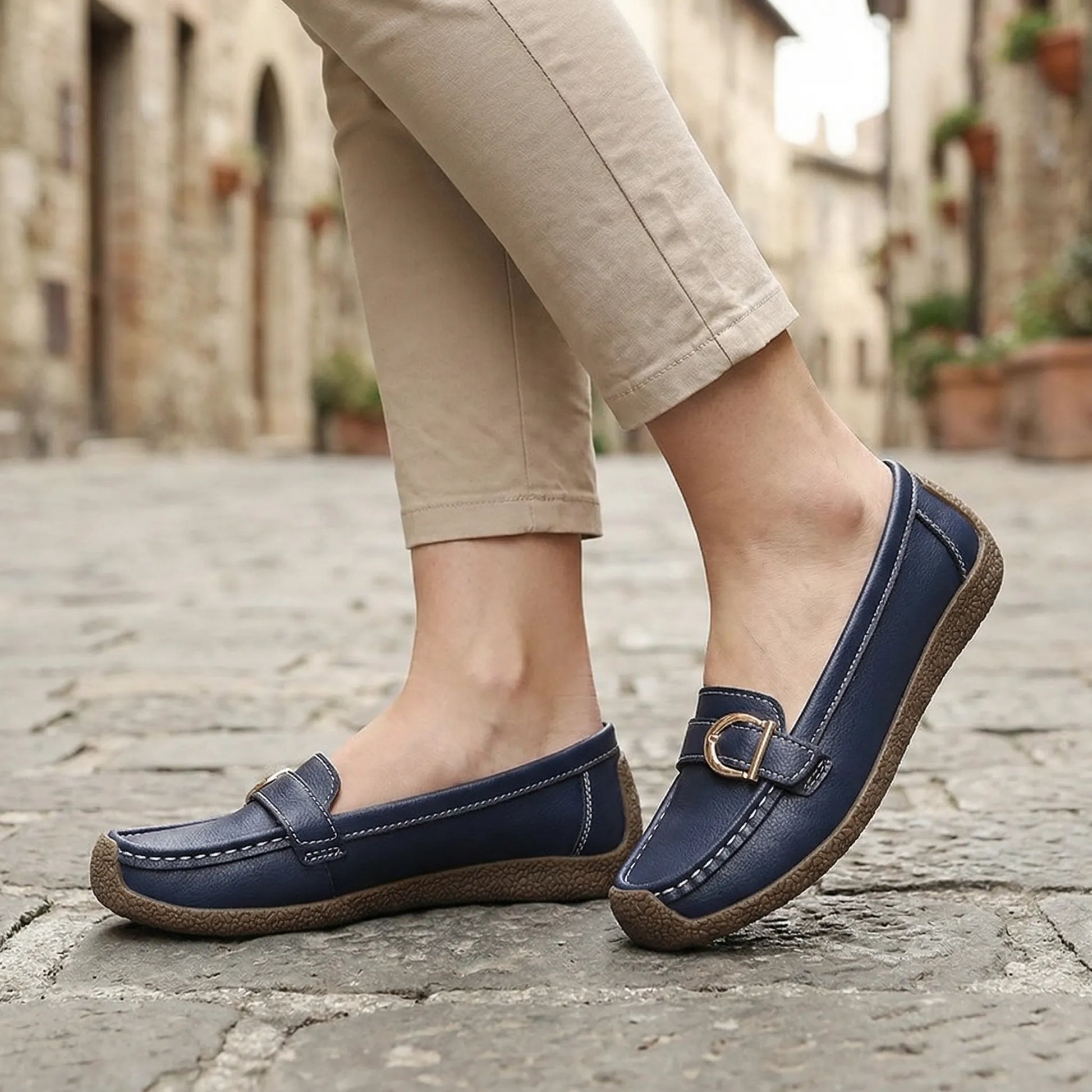 Women's wide fit, non slip grip, slip on design loafers with leather look