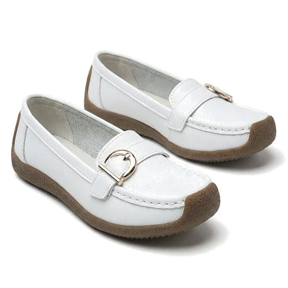 Women's wide fit, non slip grip, slip on design loafers with leather look