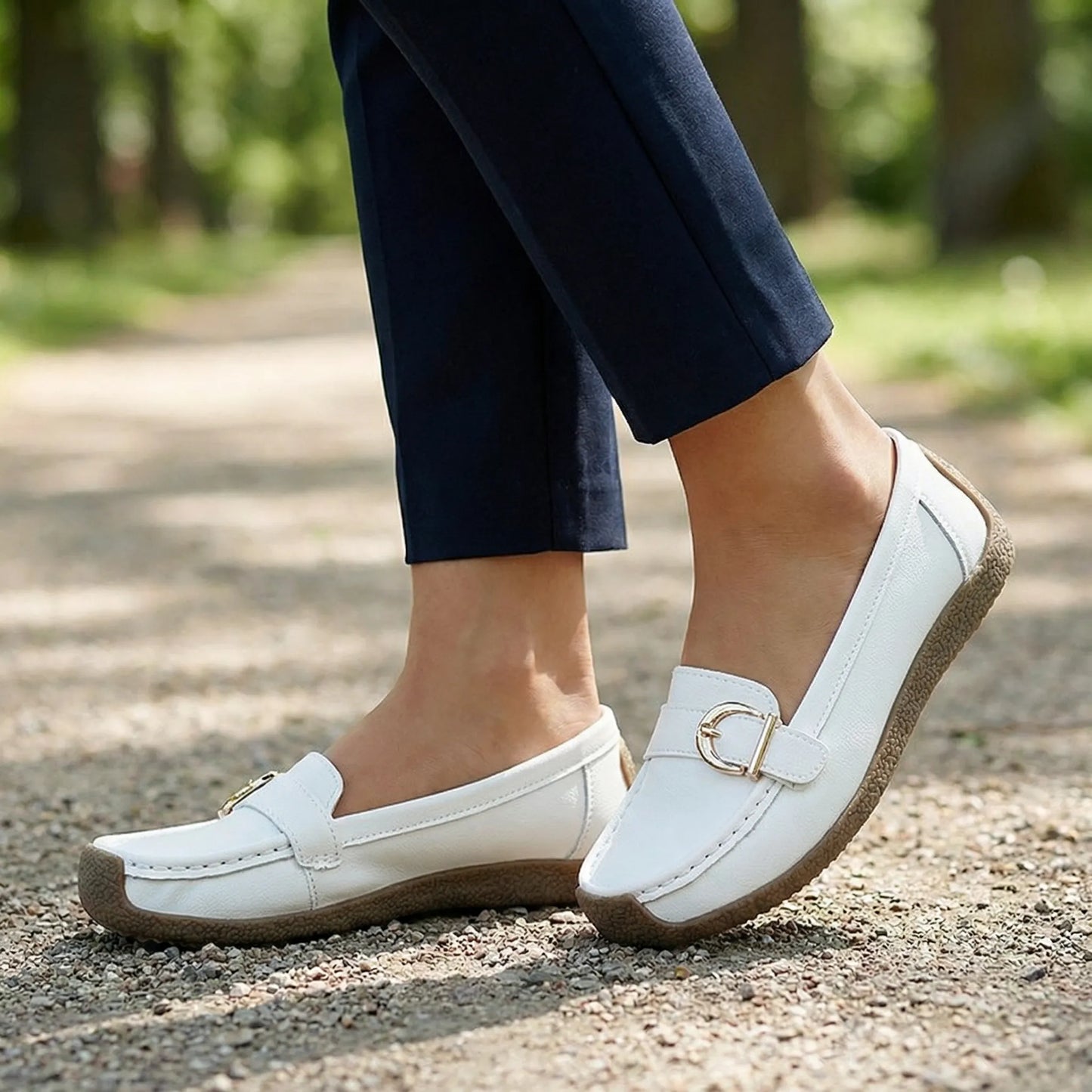 Women's wide fit, non slip grip, slip on design loafers with leather look