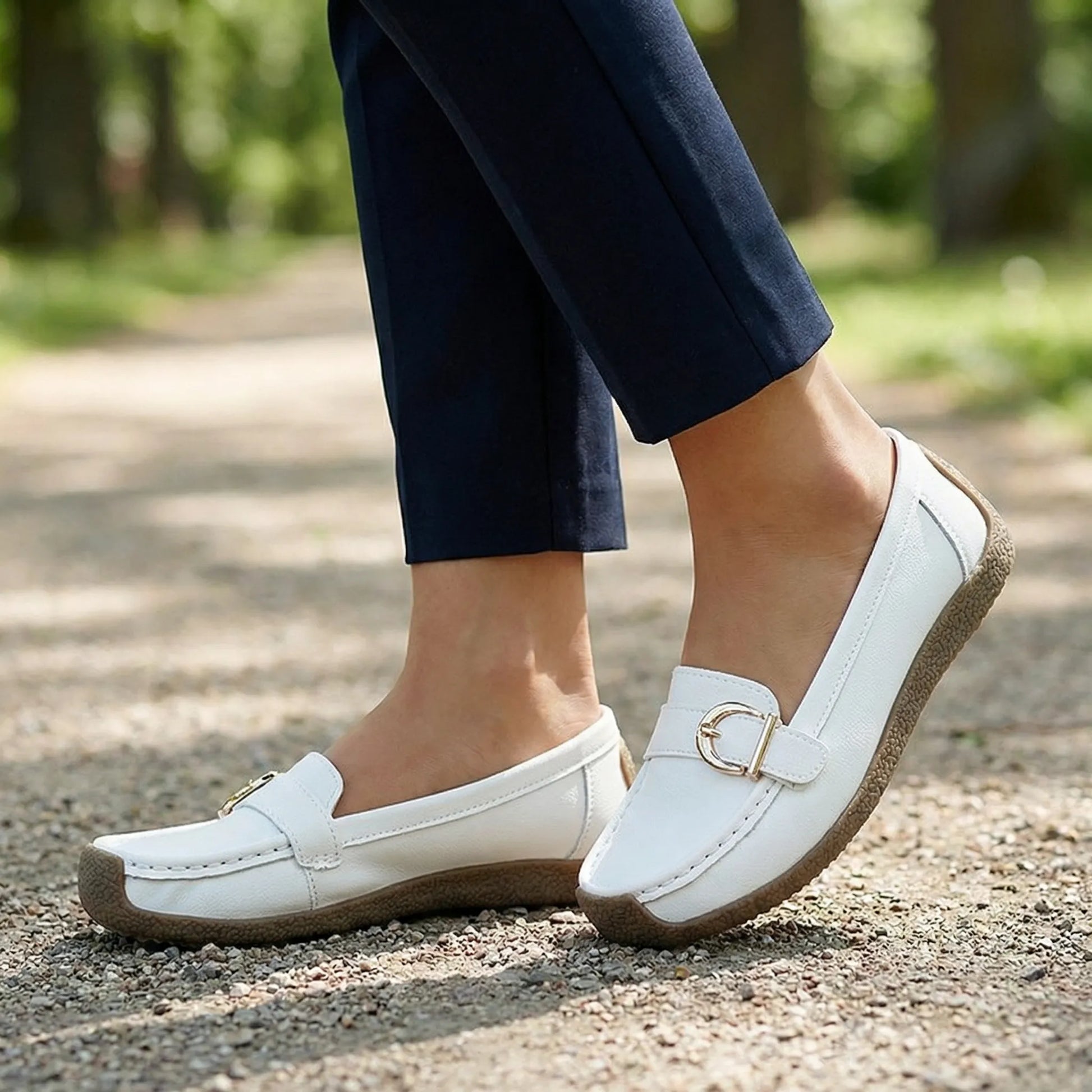 Women's wide fit, non slip grip, slip on design loafers with leather look