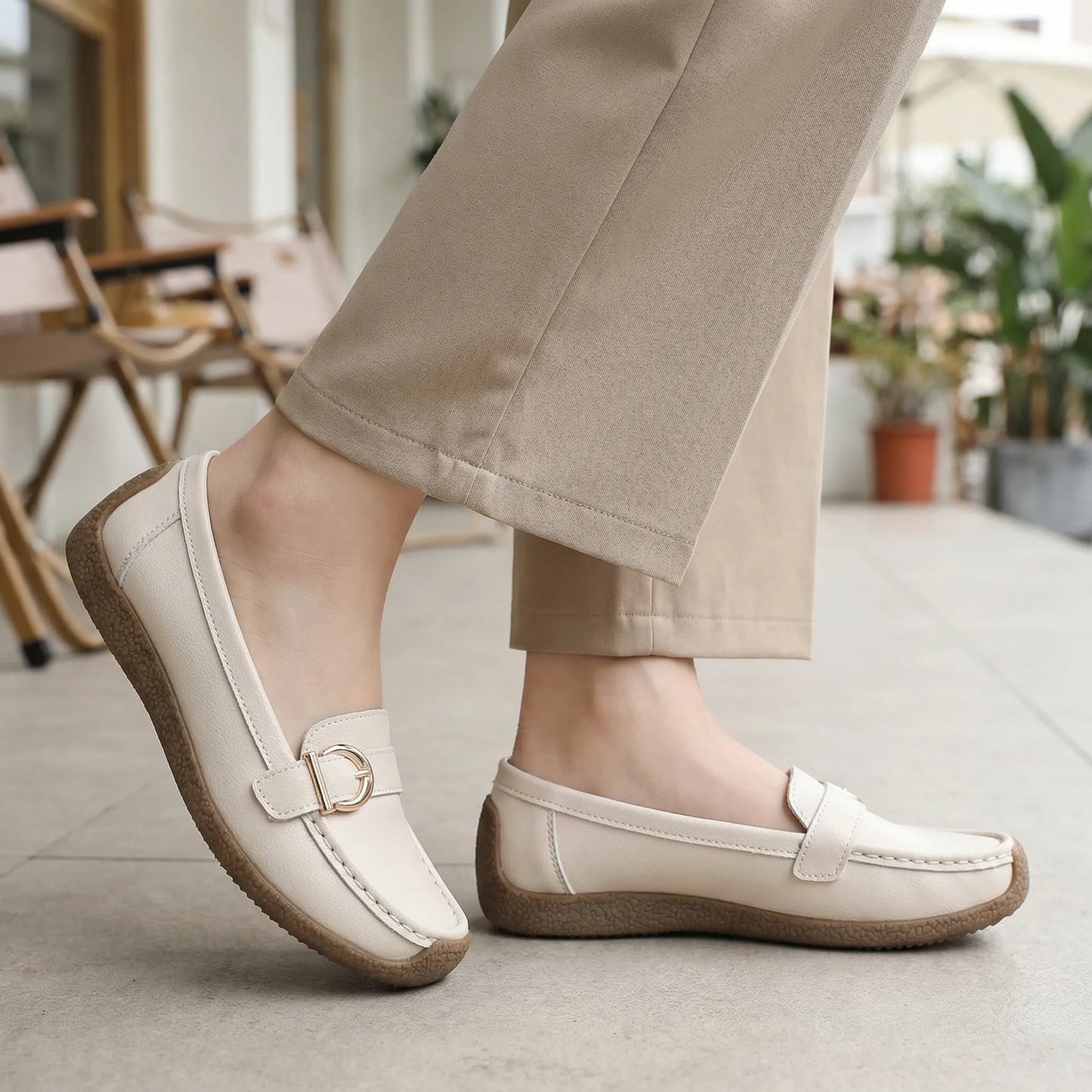 Women's wide fit, non slip grip, slip on design loafers with leather look