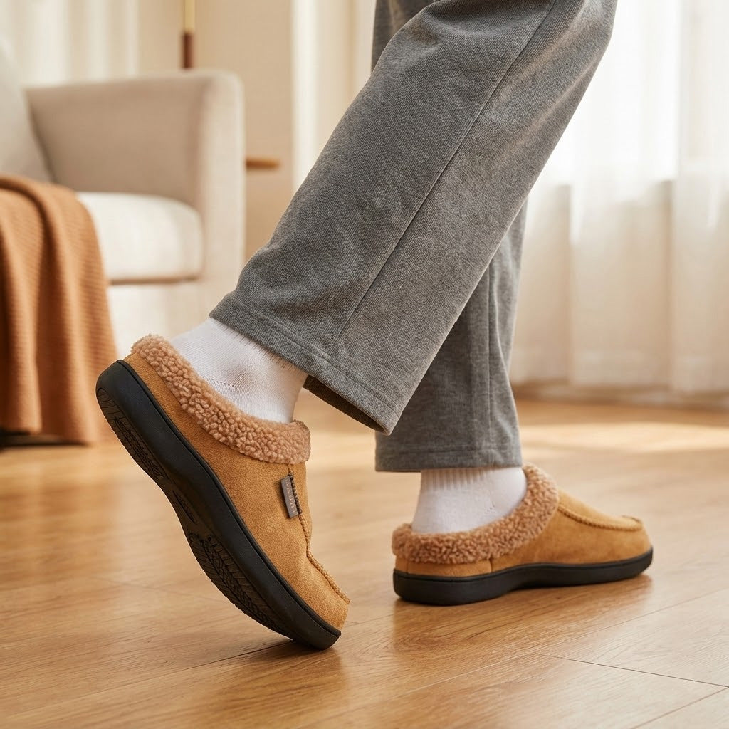 Warm Men’s Winter Slippers–Wide Fit, Cozy Fleece , Arch Support