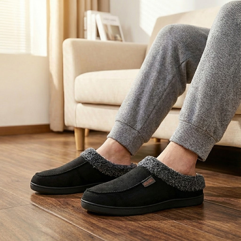 Warm Men’s Winter Slippers–Wide Fit, Cozy Fleece , Arch Support
