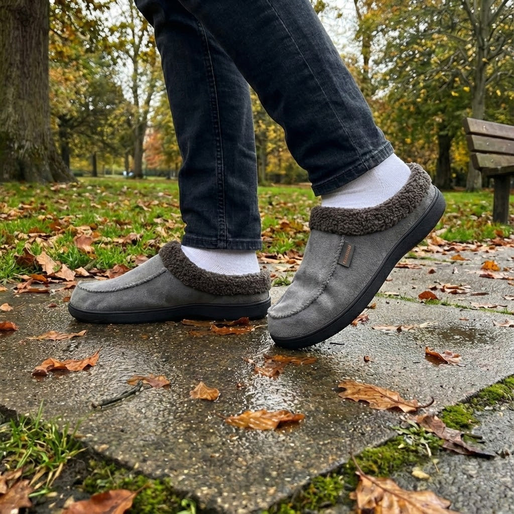 Warm Men’s Winter Slippers–Wide Fit, Cozy Fleece , Arch Support