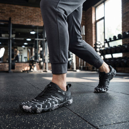 Unisex wide fit, barefoot feel, breathable upper trainers with non slip grip and lightweight design